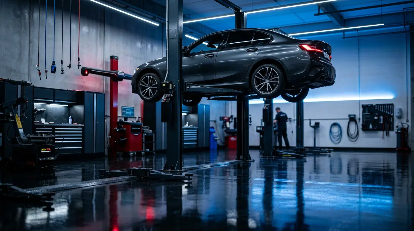 A sedan raised on a lift inside a modern repair shop